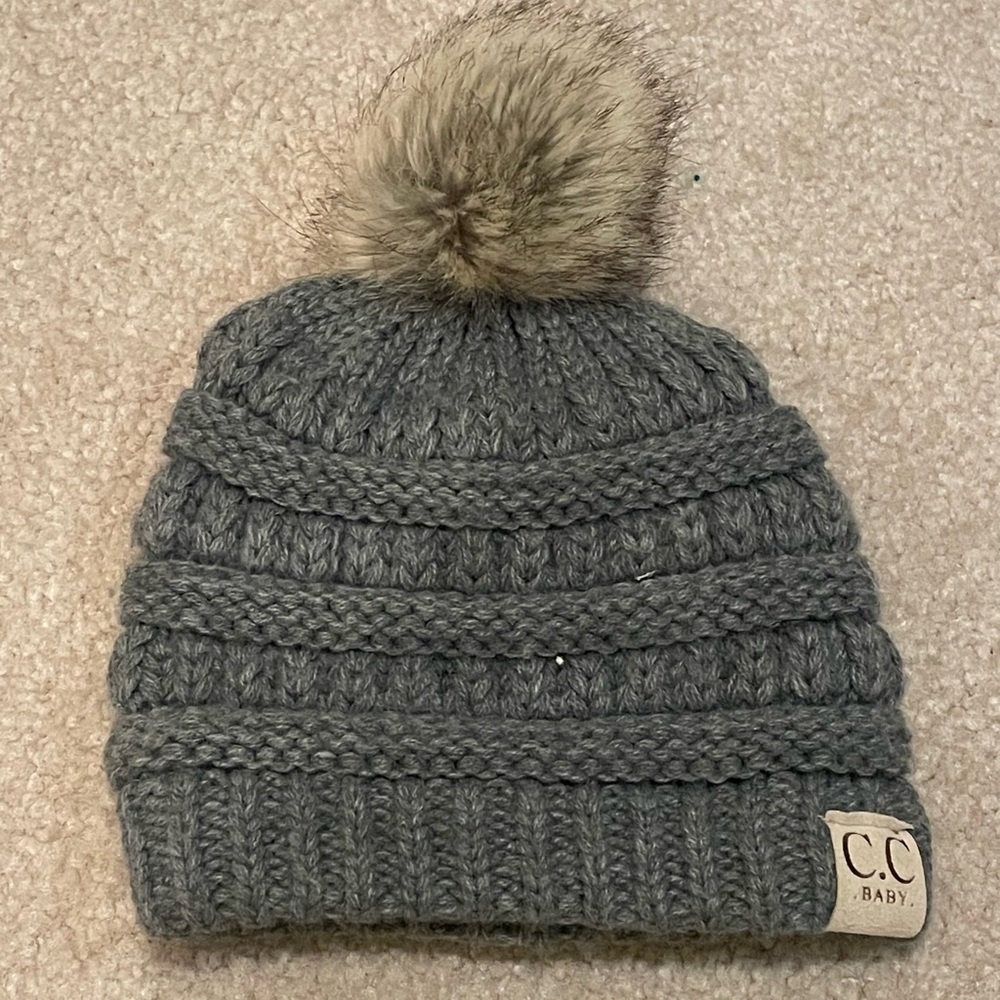 C.C Infant Gray Knit Beanie with Pom-Pom